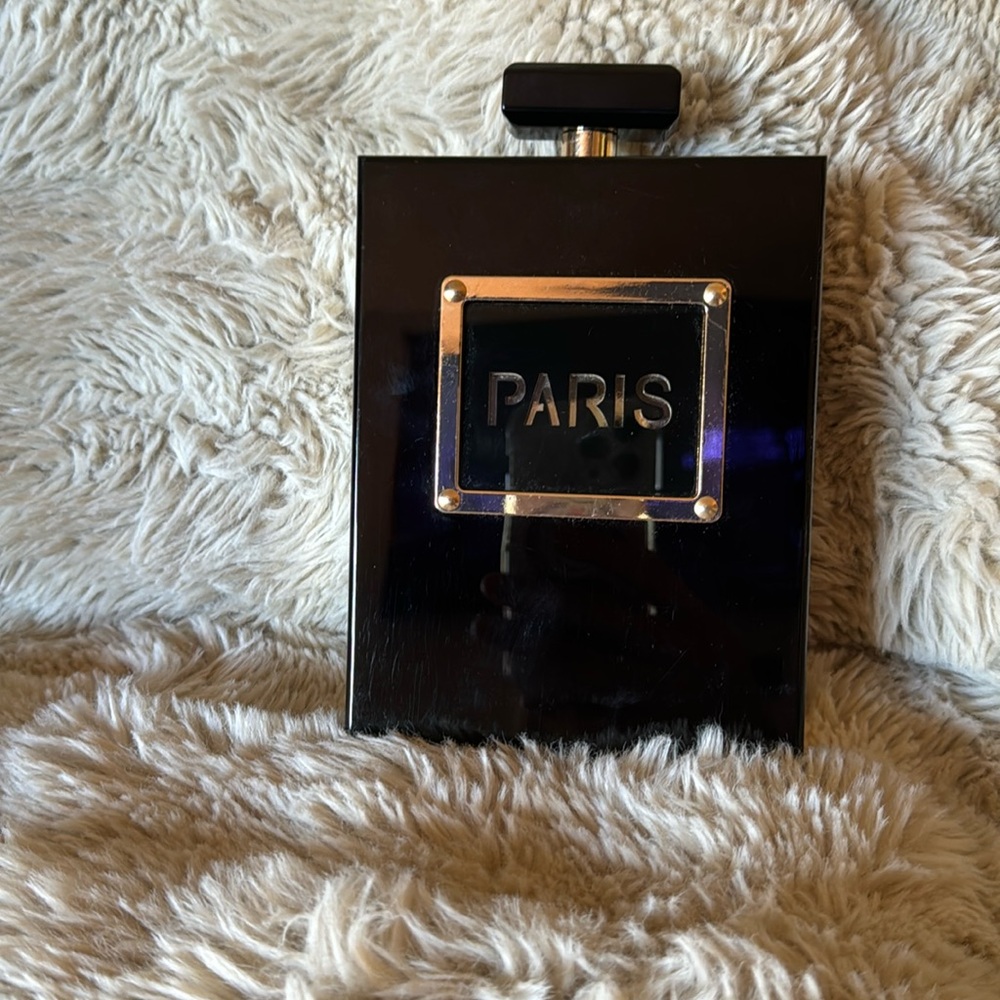 Paris perfume bottle clutch black 2 chains original owner